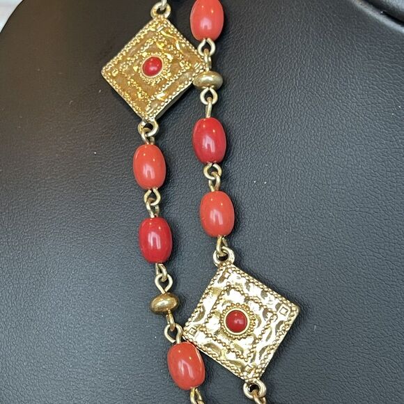 Designer RALPH LAUREN Red/Coral Color Station Bead Medallion Layering Necklace - Picture 4 of 7